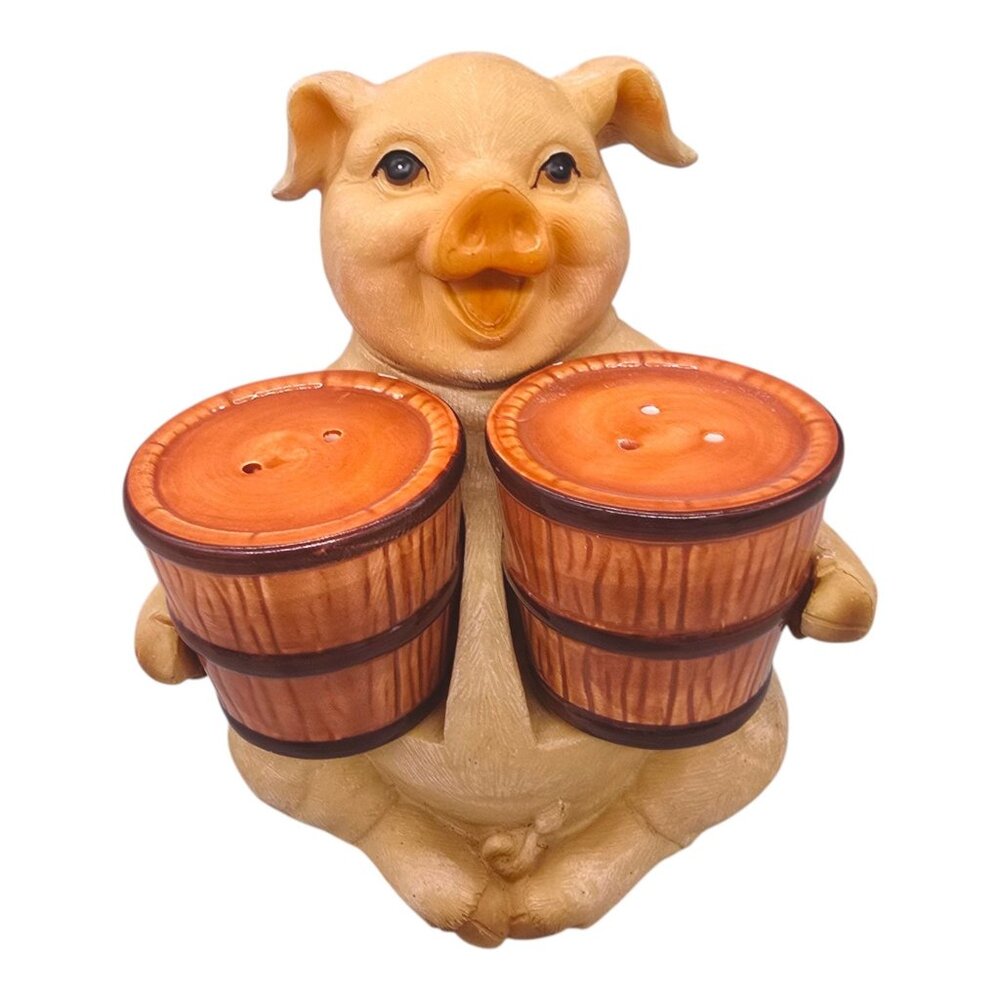 Pig Salt & Pepper Shaker Holder By MayRich Handcrafted Resin With Barrel Design